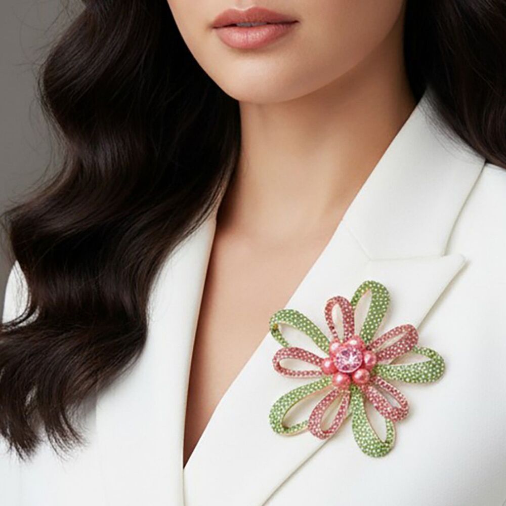 Green Pink Crystal Open Petal Flower Brooch Rhinestone Pendant Pin Accessory